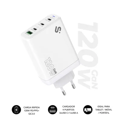 Subblim Cargador de Pared GaN 120W - 4 Puertos (3xUSB-C + 1xUSB-A) - Carga Rápida - Blanco