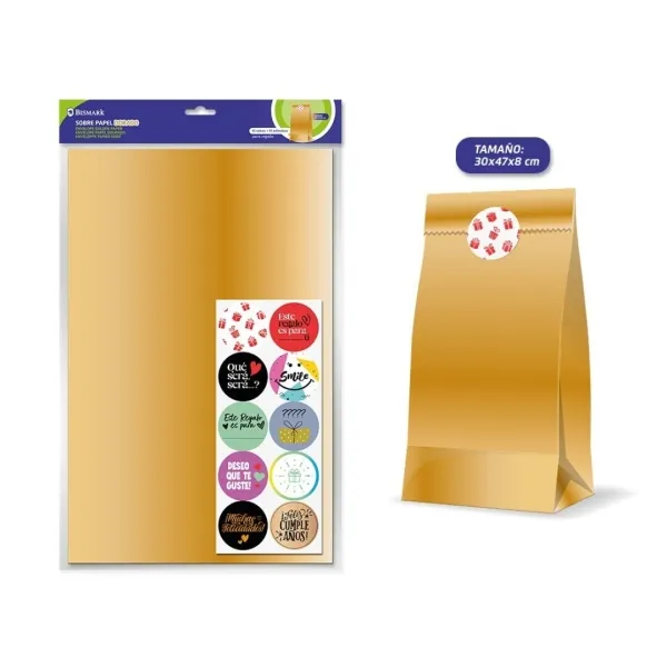Bismark Pack De 10 Sobres Papel Kraft 50Grs Con 10 Pegatinas Para Cierre - Medidas 30X47X8Cm - Ideal Para Regalos - Color Oro
