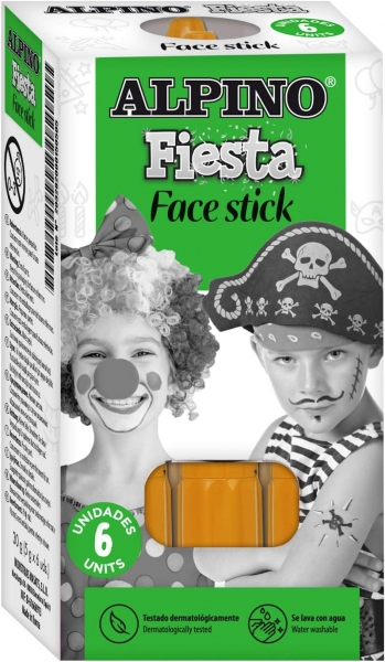 Alpino Fiesta Face Stick Pack Con 6 Barritas De Pintura Facial - Sistema Retractil Giratorio - Se Lava Con Agua - Testado Dermatologicamente - Color Naranja
