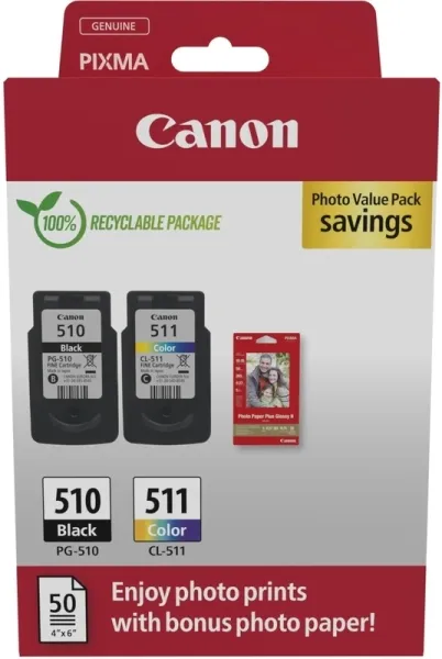 Canon Pg-510/Cl-511 Multipack De 2 Cartuchos De Tinta Originales + 50 Hojas De Papel Fotografico - 2970B017