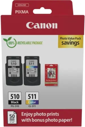 Canon PG-510/CL-511 Multipack de 2 Cartuchos de Tinta Originales y 50 Hojas de Papel Fotográfico