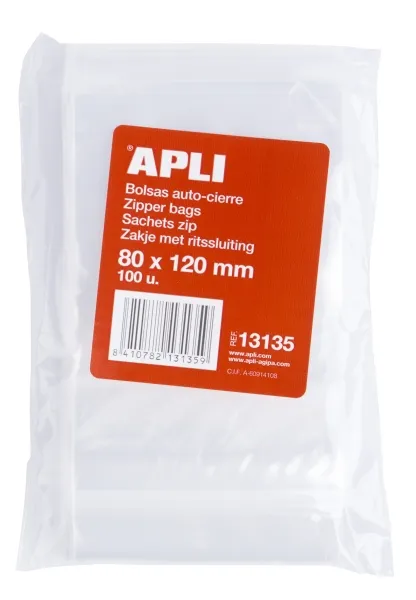 Apli Bolsas Autocierre 80x120mm LDPE Transparentes Pack 100 Unidades