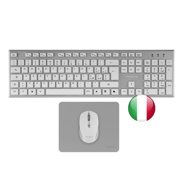 Tacens Zenith Combo Pack Inalabrico De Teclado Completo + Raton Y Alfombrilla - Disposicion Italiana Qwerty It - Teclas Silenciosas De Perfil Bajo - Sensor De 3200Dpi - Conexion Dual Link 2.4Ghz - Switches Huano - Color Blanco