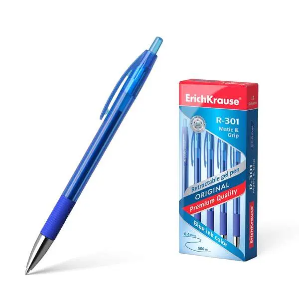 ErichKrause Bolígrafo de Gel Automático R-301 0,5mm Tinta de Secado Rápido Cuerpo Transparente Azul