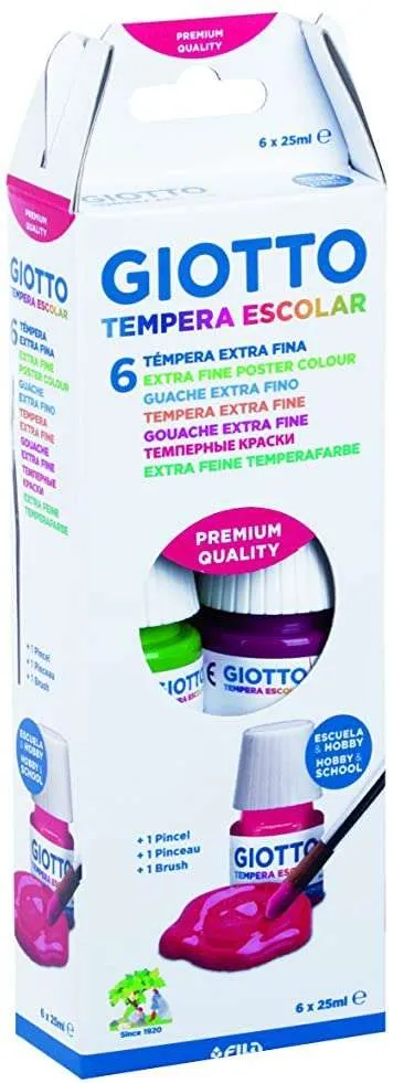 Giotto Tempera Pack de 6 Botes de 25 ml con Pincel - Base Agua, Colores Surtidos