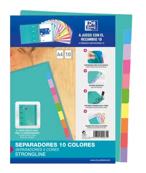 Oxford Strongline A4 Separadores de 10 Posiciones en Diferentes Colores - Cartulina 200gr