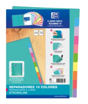 Oxford Strongline A4 Separadores de 10 Posiciones en Diferentes Colores - Cartulina 200gr