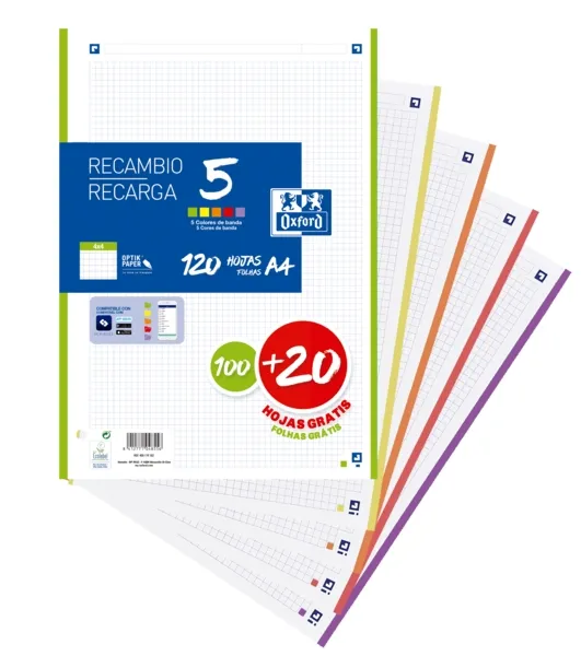 Oxford Recambio Classic A4 Sueltas 90g 100+20H Gratis 4x4mm 4 Taladros 5 Bandas Colores Vivos