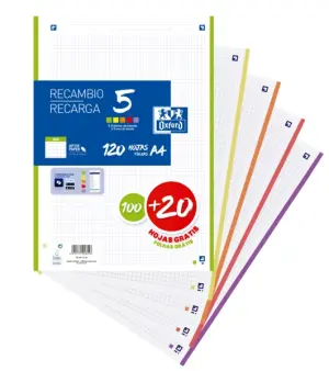 Oxford Recambio Classic A4 Sueltas 90g 100+20H Gratis 4x4mm 4 Taladros 5 Bandas Colores Vivos