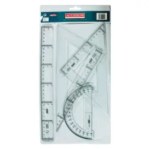 Safta Pack de 4 Reglas: Regla de 30cm, Escuadra de 25cm, Cartabón de 25cm, Semicírculo Transportador Transparente