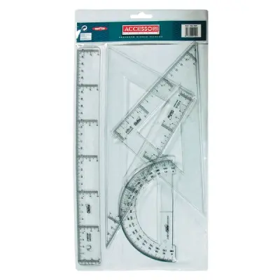 Safta Pack de 4 Reglas: Regla de 30cm, Escuadra de 25cm, Cartabón de 25cm, Semicírculo Transportador Transparente