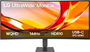 LG Ultrawide Monitor 34" Curvo 1800R VA QHD 144Hz HDR10 AMD FreeSync Premium - Respuesta 5ms - 21:9 - Ajustable en Altura, Inclinable - HDMI, Displayport, USB-C - VESA 100x100 - Color Negro