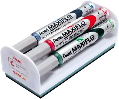 Pentel Maxiflo Pack de 4 Rotuladores para Pizarra Blanca con Borrador Magnético - Punta de Bala 2mm - Colores Negro, Azul, Rojo y Verde
