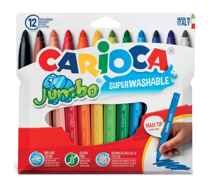 Carioca Jumbo Pack De 12 Rotuladores - Cuerpo Octogonal Maxi - Tinta Superlavable - Punta Maxi 6Mm Bloqueada - Tapa Ventilada - Color Varios