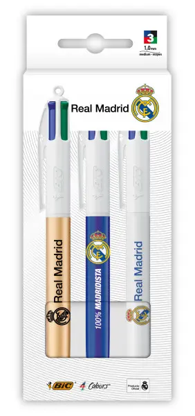 Bic 4 Colours Real Madrid CF Pack de 3 Bolígrafos Retráctiles Punta Media 1.0mm