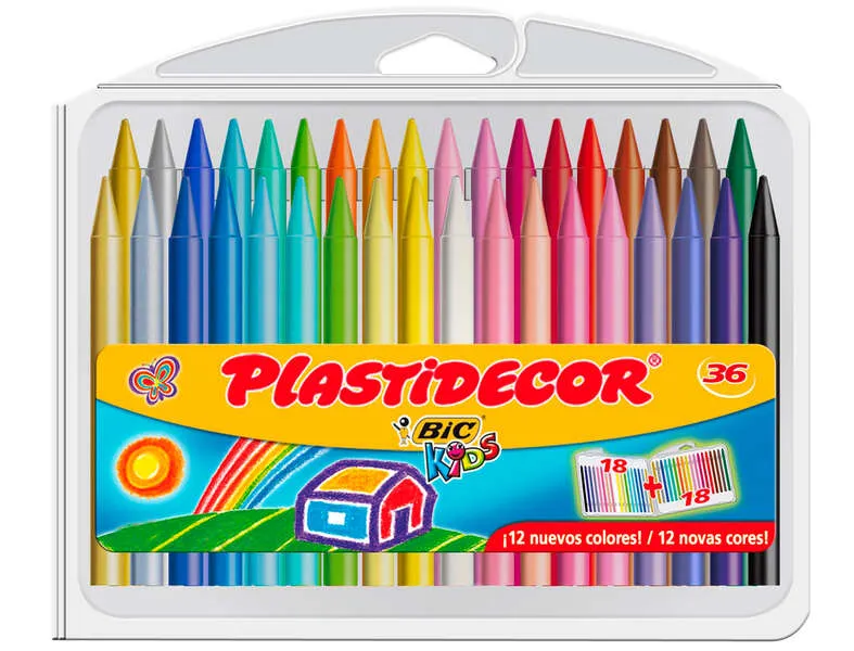 Bic Kids Plastidecor Caja de 36 Lápices de Cera Extraresistentes y Fácil de Sacar Punta