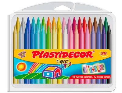 Bic Kids Plastidecor Caja de 36 Lápices de Cera Extraresistentes y Fácil de Sacar Punta