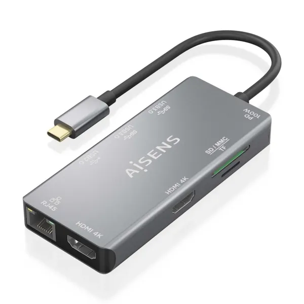Aisens Usb-C Dock 9 En 1 - Usb-C A 2Xhdmi - 1Xrj45 - 2Xusb-A Usb3.0 - 1Xusb-A Usb2.0 - 1Xusb-C Pd - 1Xsd - 1Xmicro Sd - 15Cm - Color Gris