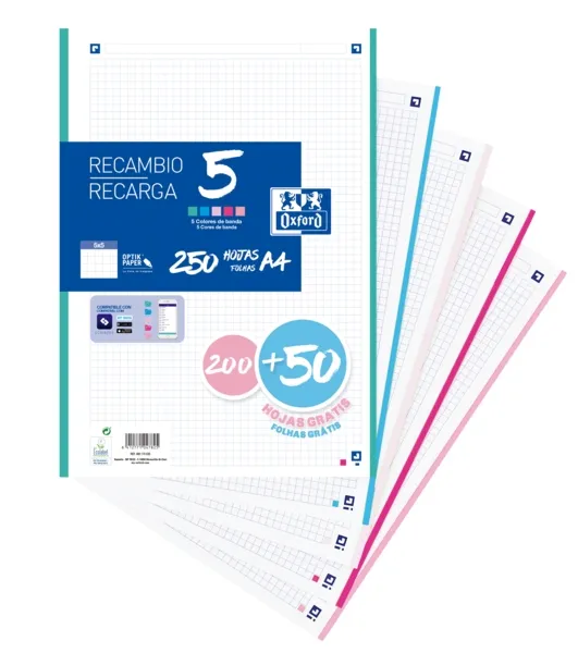Oxford Recambio Classic A4 Sueltas 90g 5x5mm 4 Taladros 5 Bandas Colores Pastel
