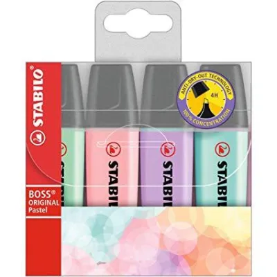 Stabilo Boss 70 Pastel Pack de 4 Rotuladores Fluorescentes - Trazo 2-5mm - Recargables