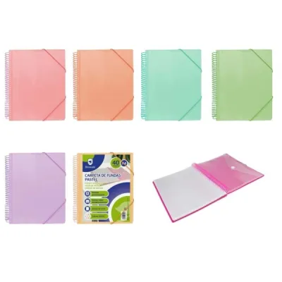 Bismark Carpeta Espiral 40 Fundas Transparentes - Polipropileno - Tamaño A4 - Espiral Plastica Indeformable - Apertura 360 Grados - Cierre con Gomas - Colores Pastel Surtidos