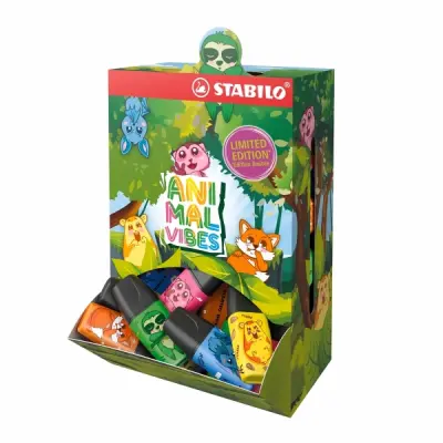 Stabilo Boss Mini Animal Vibes - Expositor con 50 Mini Marcadores Fluorescentes, Trazo 2-5mm, Tinta a Base de Agua, Antisecado, Colores Surtidos