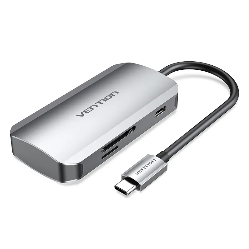 Vention Hub 6 en 1 USB-C a 3x USB3.0, Lector Tarjetas SD/MicroSD, USB-C PD100W - Longitud del Cable 0.15m - Color Gris