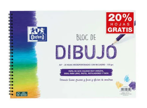 Oxford Bloc De Dibujo Escolar Espiral Formato A4+ Con Reacuadro - 20 Hojas Microperforadas 130Gr Color Natural - Papel De Superfície Rugosa
