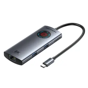 Vention Estación De Docking 6 En 1 100W USB-C 15cm HDMI 8K Ethernet RJ45 2xUSB-C 2xUSB-A Color Gris