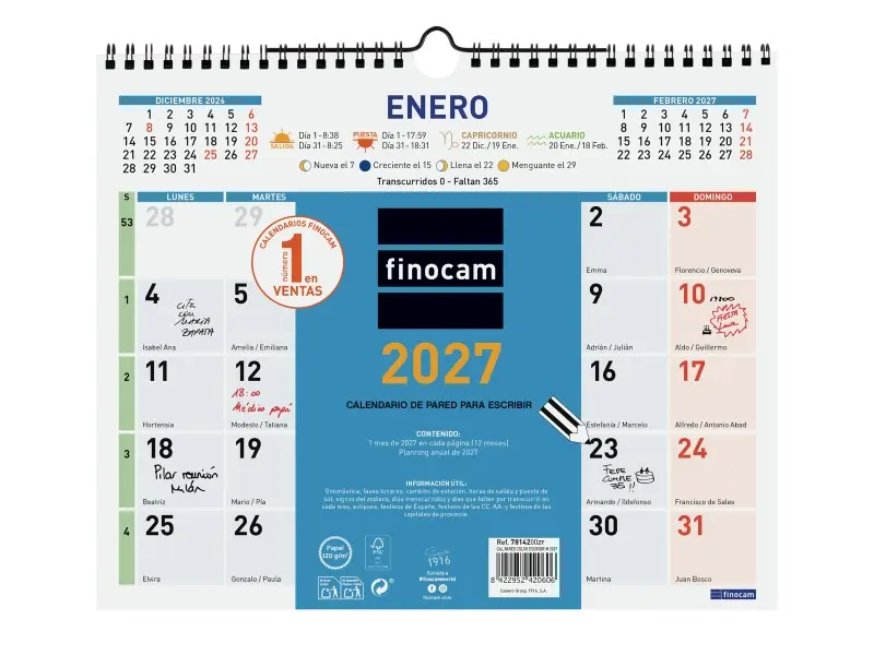 Finocam Calendario de Pared Anual 2027 Mes Vista 300x247mm Espiral Doble Azul y Blanco
