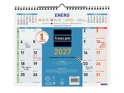 Finocam Calendario de Pared Anual 2027 Mes Vista 300x247mm Espiral Doble Azul y Blanco