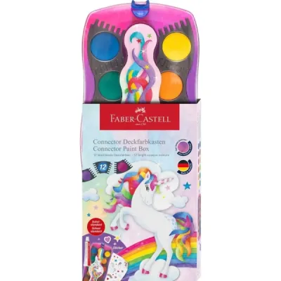 Faber-Castell Pack de 12 Acuarelas en Pastilla Unicornio + Pintura Blanca y Pegatinas