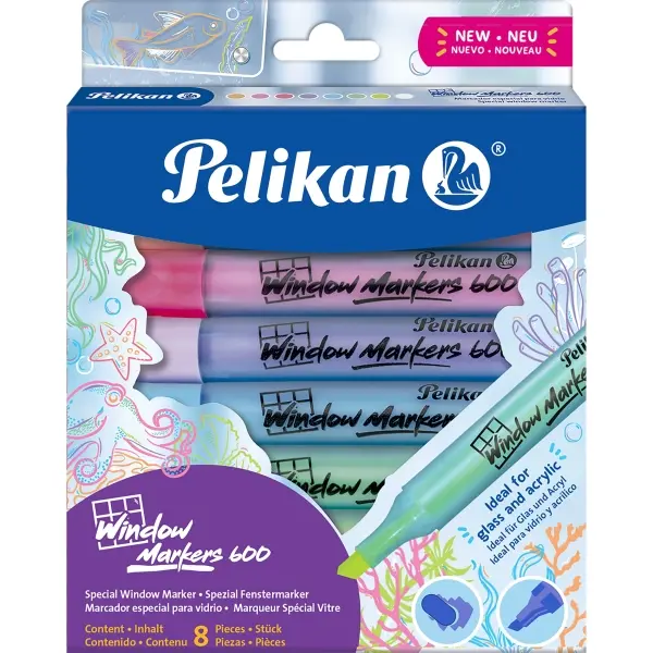 Pelikan Window Marker 600 Pack De 8 Marcadores Para Ventana - Punta Biselada Con 3 Grosores - Colores Surtidos