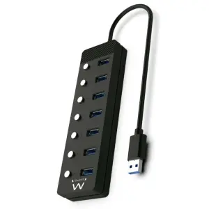 Ewent Hub USB 7 En 1 con Alimentación Externa y Interruptores Individuales, Adaptador USB-C, Cable 1.2m, Negro