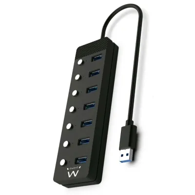 Ewent Hub USB 7 En 1 con Alimentación Externa y Interruptores Individuales, Adaptador USB-C, Cable 1.2m, Negro