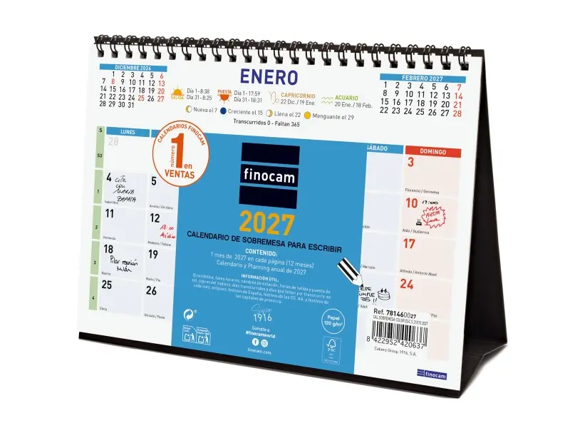 Finocam Calendario de Sobremesa Anual 2027 Mes Vista Formato S 210x150mm Espiral Doble Azul y Blanco
