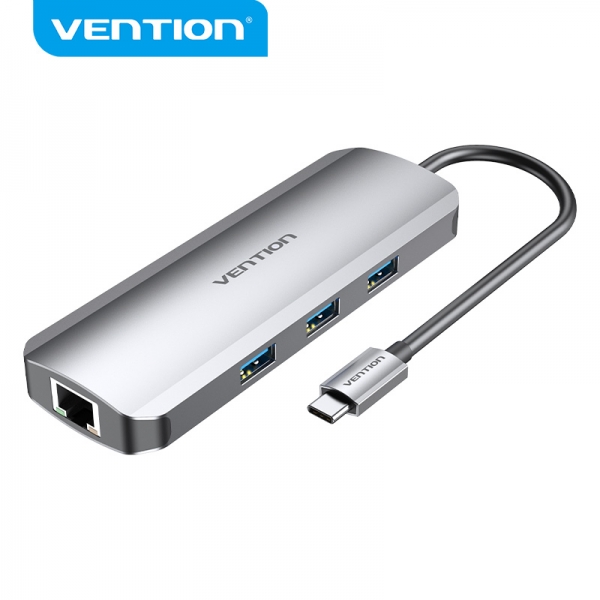 Vention Docking Station 9 En 1 Usb-C A Hdmi 4K/3Xusb3.0/Rj45/Lector Sd/Microsd/Jack Audio/Pd100W - 0.15M - Color Gris