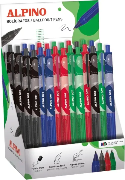 Alpino Expositor Con 24 Bolígrafos Retráctiles Punta 1mm Agarre Suave Colores Surtidos