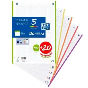 Oxford Recambio Classic A4 Sueltas 90g 100+20H Gratis 4x4mm 4 Taladros 5 Bandas Colores Vivos