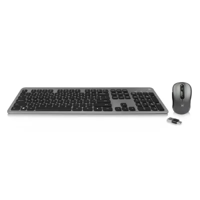 Ewent Teclado y Ratón Inalámbrico para Oficina - Receptor USB-A 2.4GHz - 1600dpi - QWERTY PT - Teclas Silenciosas - Negro/Gris