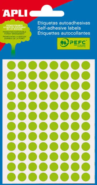 Apli Minibolsa de 288 Etiquetas Redondas Ø 8mm Adhesivo Permanente Color Verde Fluor