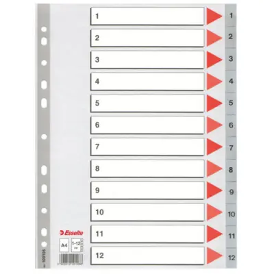 Esselte Índice Numérico Multitaladro Separador 1-12 A4 Gris con Carátula Cartón