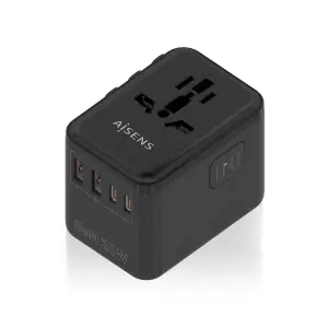 Aisens Adaptador De Viaje Universal GaN 25W - 2xUSB-A QC3.0, 2xUSB-C PD3.0 - Negro