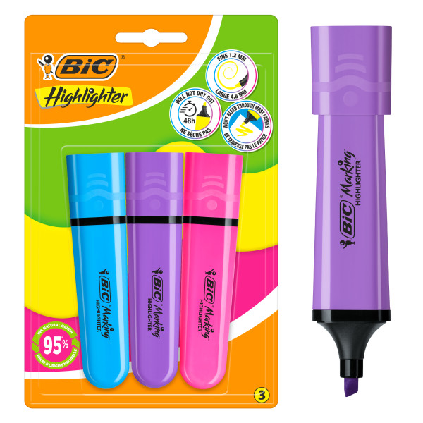 Bic Marking Highlighter Flat Pack De 3 Marcadores Fluorescentes - Punta Biselada - Trazo Entre 1.20 Y 4.60 Mm - Tinta Con Base De Agua - Colores Surtidos