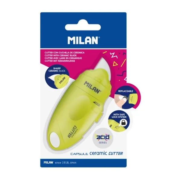 Milan Serie Acid Capsule Cutter De Hoja Ceramica Reemplazable - Tamaño Bolsillo - Diseño Ergonomico - Sistema De Bloqueo - Color Amarillo