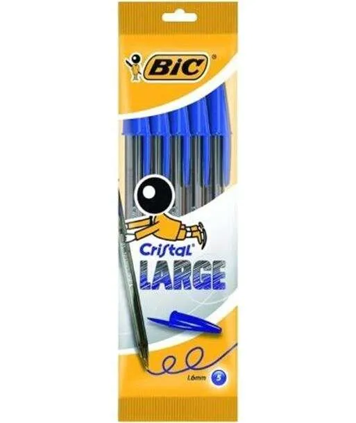 Bic Cristal Large Pack De 5 Boligrafos De Bola - Punta Redonda De 1.6Mm - Trazo 0.6Mm - Tinta Con Base De Aceite - Color Azul