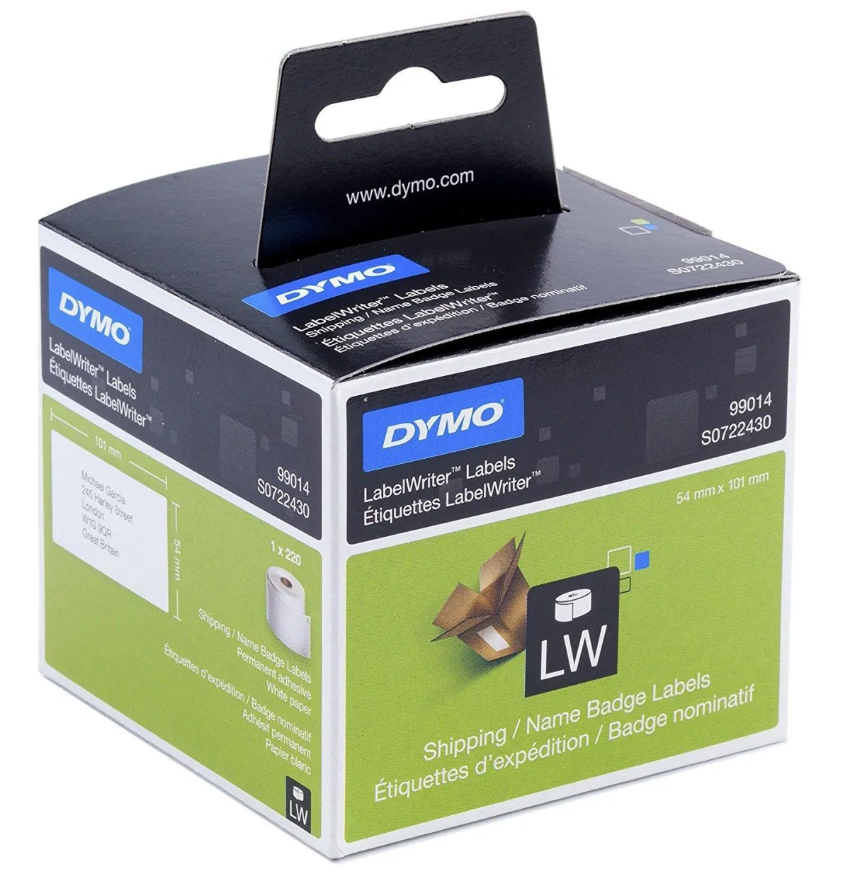 Dymo Etiquetas De Transferencia Termica Label Writer 99014, Negro Sobre Blanco De 54X101Mm (A X L). Etiquetas Grandes De Identificación/Envío. Rollo De 220 Ud