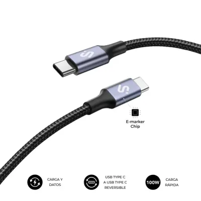 Subblim Cable USB-C 100W Nylon Trenzado 2 Metros Negro E-Marker 480Mbps