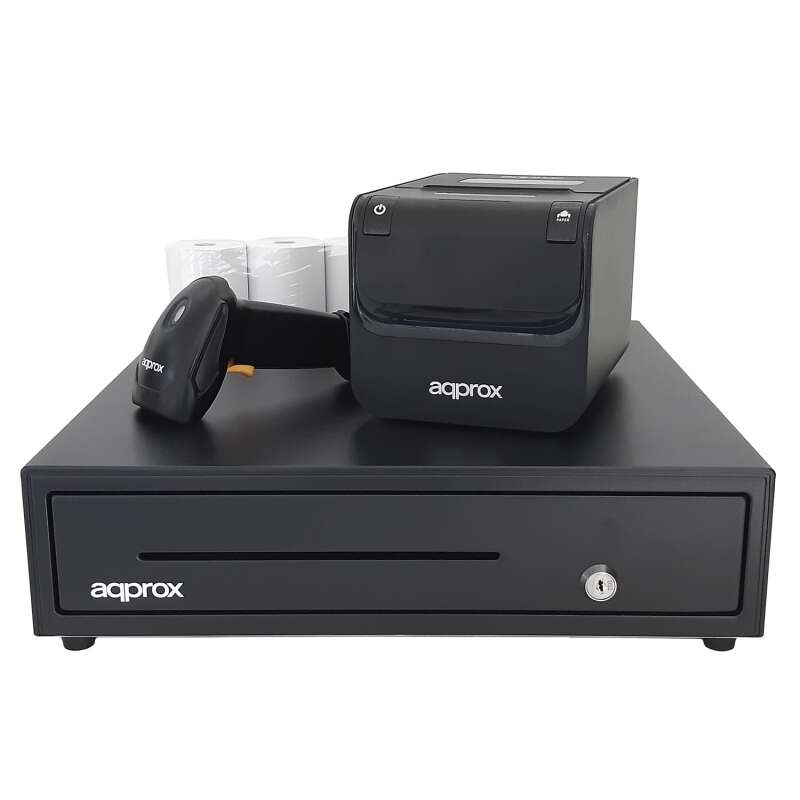 Approx Pack Tpv Cajon Portamonedas + Impresora Termica + Lector De Codigos + Rollos - Color Negro