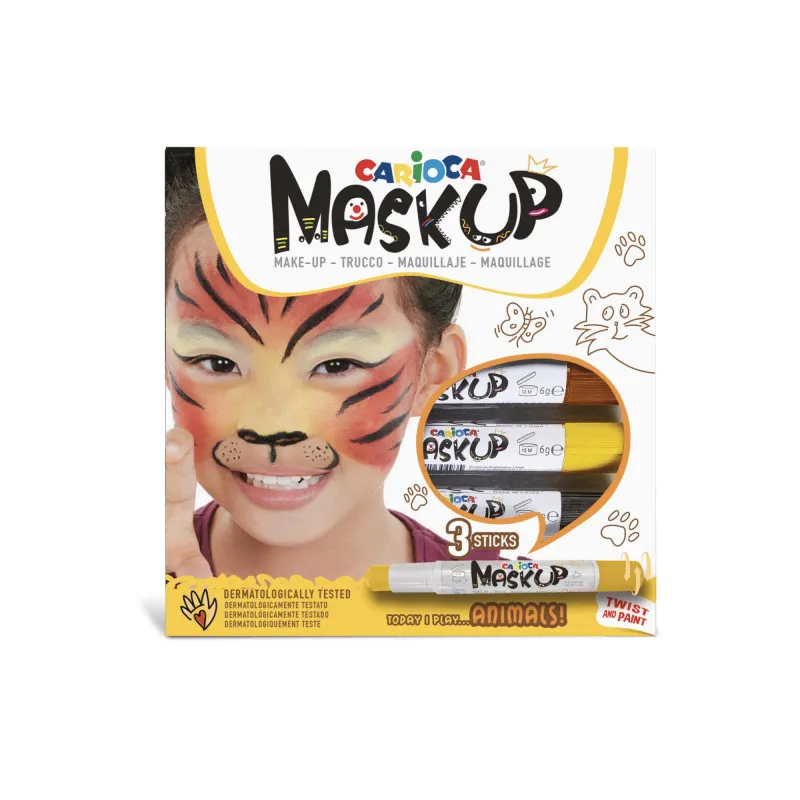 Carioca Mask Up Animals Pack de 3 Colores para la Piel - Colores Brillantes - Lavables - Base Agua - Incluye Dos Tutoriales Paso a Paso - Colores Marron, Amarillo y Negro